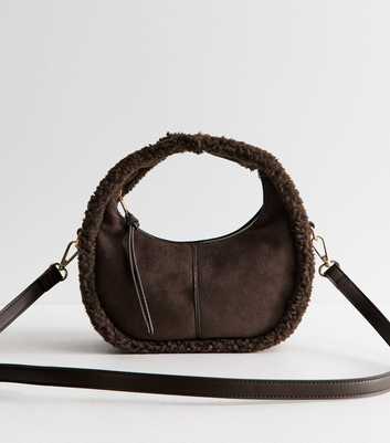 Dark Brown Faux Suede Borg Trim Grab Handle Bag