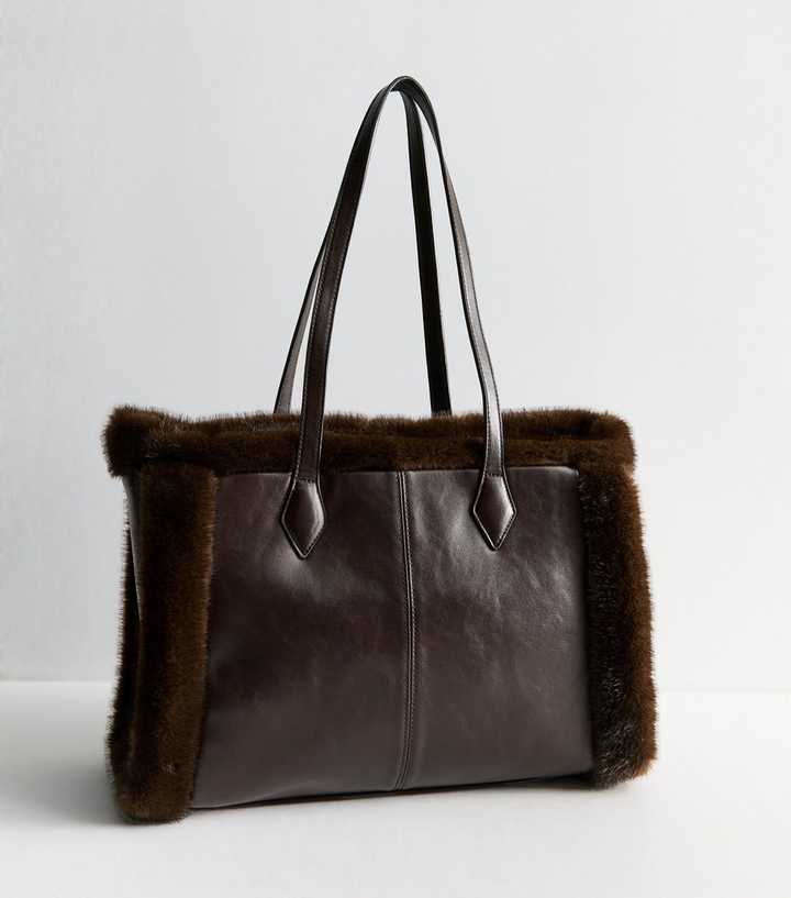 Dark Brown Faux Leather and Fur Trim Tote Bag