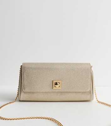 Gold Twist Lock Textured Faux Leather Clutch