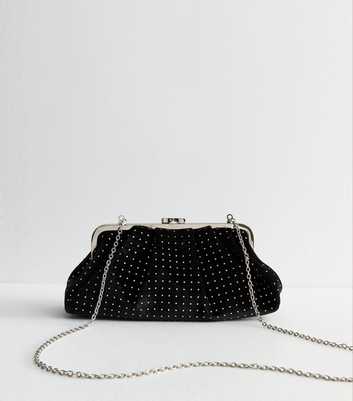 Black Satin Pleated Frame Sparkle Clutch