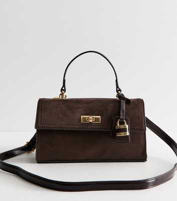 Dark Brown Faux Suede Twist Lock Crossbody Bag