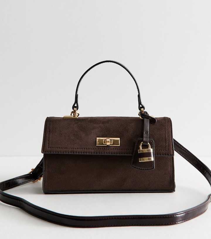 Dark Brown Faux Suede Twist Lock Crossbody Bag