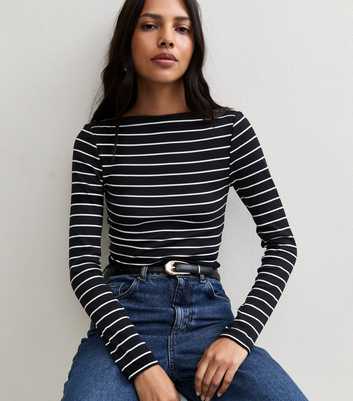 Black Cotton Rich Striped Slash Neck Long Sleeve Top
