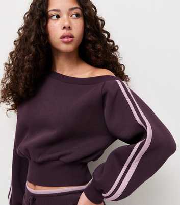 Girls Dark Purple Cotton Rich Off Shoulder Side Stripe Sweatshirt