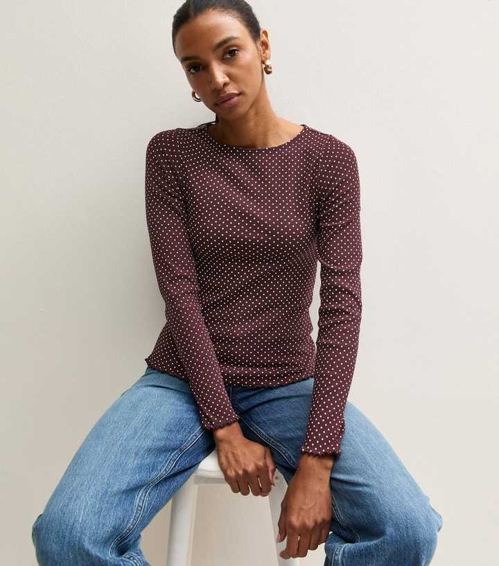 Red Cotton Rich Polka Dot Long Sleeve Top