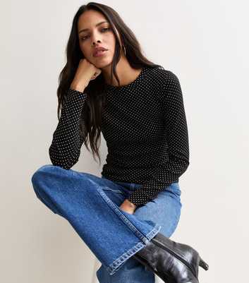 Black Cotton Rich Spot Print Long Sleeve Ribbed Top
