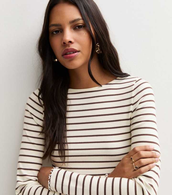 Cream Cotton Rich Striped Lettuce Trim Long Sleeve Top