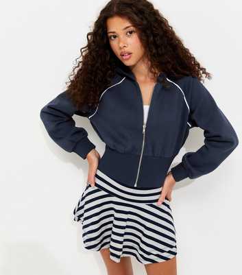 Girls Navy Contast Piping Zip Through Hoody