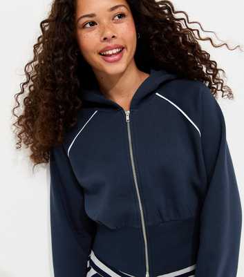 Girls Navy Contast Piping Zip Through Hoody