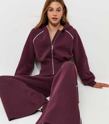 Girls Dark Burgundy Contrast Piping Zip Through Hoody