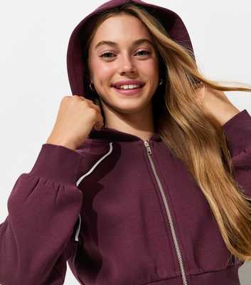 Girls Dark Burgundy Contrast Piping Zip Through Hoody