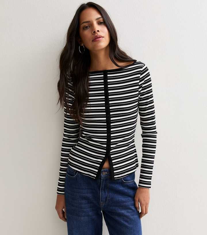 Black Cotton Rich Horizontal Stripe Button Front Ribbed Top