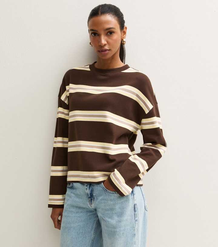 Brown Cotton Rich Striped Long Sleeve Skater T-Shirt