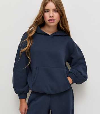 Girls Navy Cotton Rich Bubble Hem Oversized Hoodie