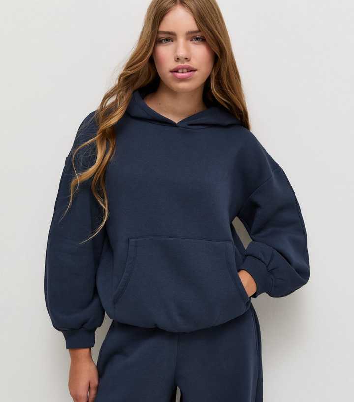 Girls Navy Cotton Rich Bubble Hem Oversized Hoodie
