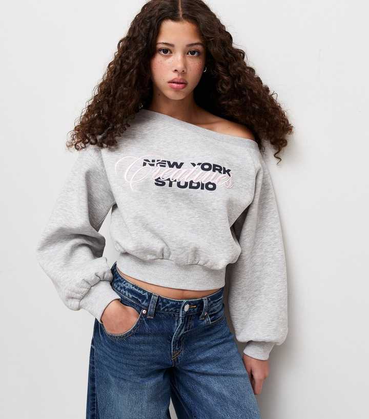 Girls Grey Studio Embroidered Off Shoulder Sweatshirt