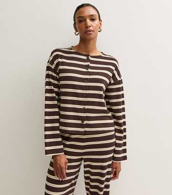 Brown Cotton Rich Striped Button Through Long Sleeve T-Shirt