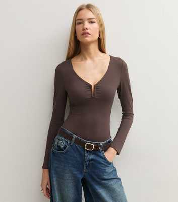 Dark Brown Jersey V-Neck Notched Bodysuit
