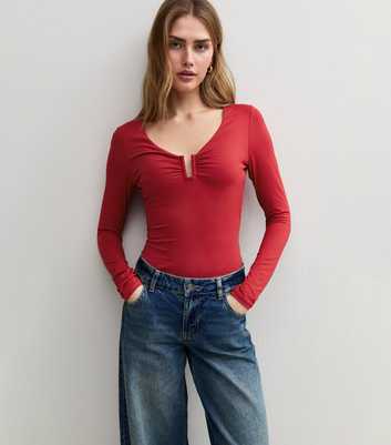 Bright Red Jersey V-Neck Notched Bodysuit