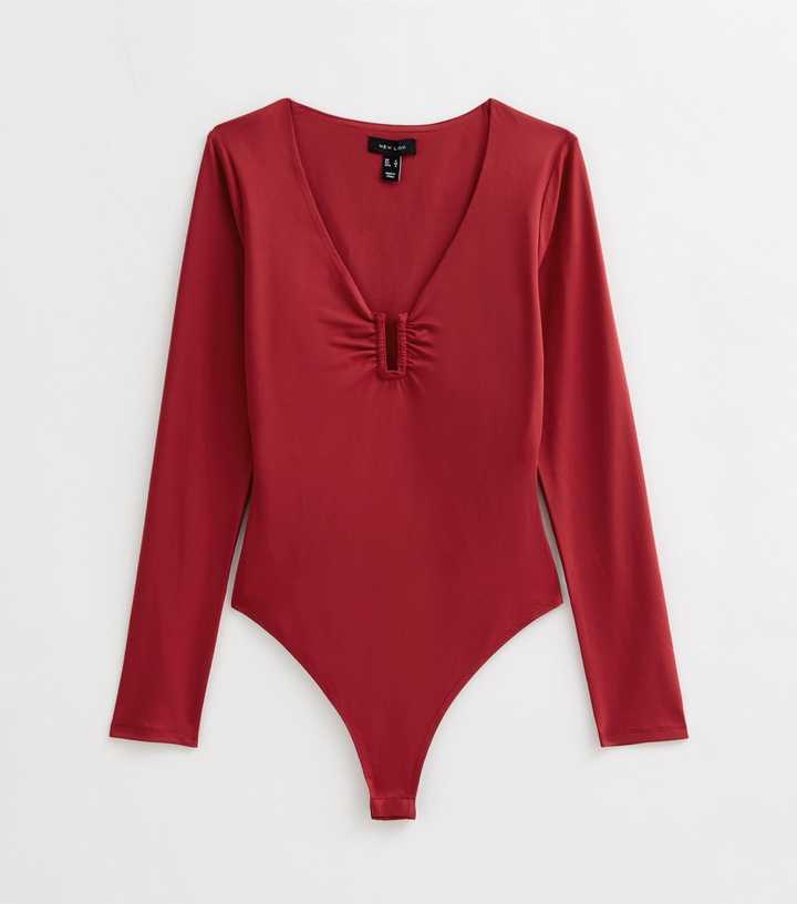 Bright Red Jersey V-Neck Notched Bodysuit