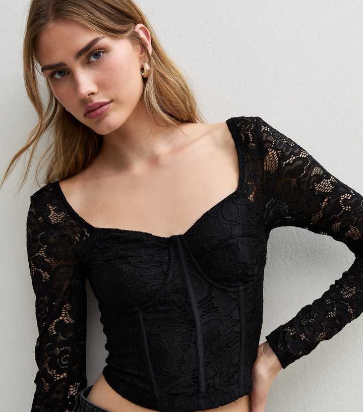 Black Lace Long Sleeve Corset Top