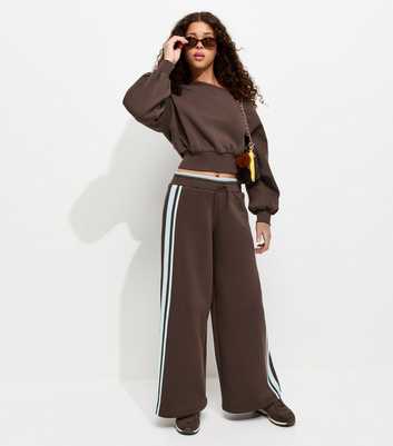 Girls Dark Brown Cotton Rich Side Stripe Super Wide Leg Joggers
