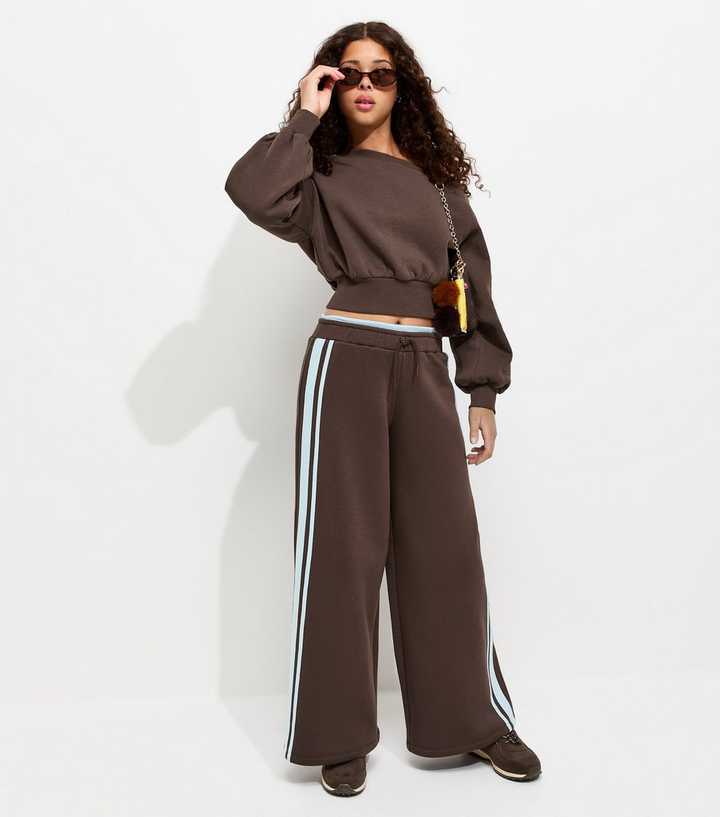 Girls Dark Brown Cotton Rich Side Stripe Super Wide Leg Joggers