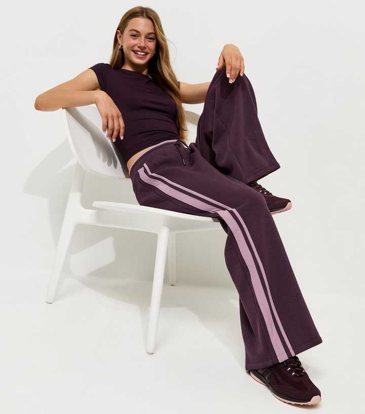 Girls Dark Purple Cotton Rich Side Stripe Super Wide Joggers