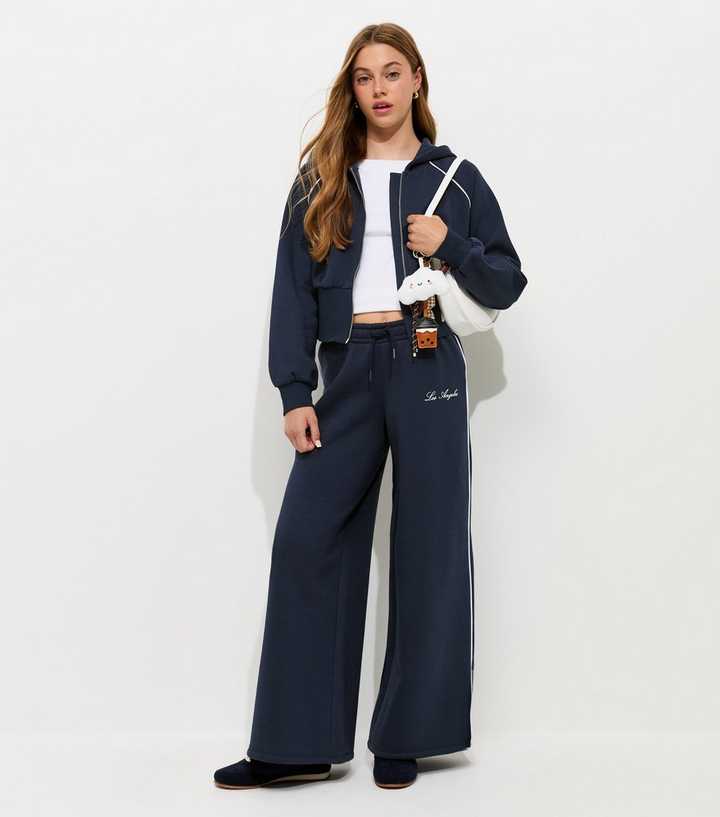 Girls Navy Cotton Rich Contrast Piping Wide Leg Joggers