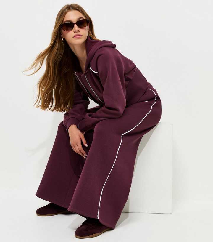 Girls Dark Burgundy Cotton Rich Contrast Piping Wide Leg Joggers