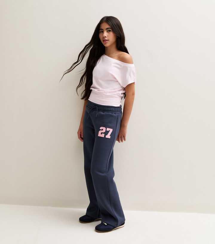 Girls Navy Cotton Rich Logo Patch Straight Leg Joggers