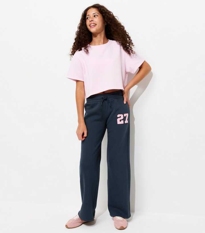 Girls Navy Cotton Rich Logo Patch Straight Leg Joggers