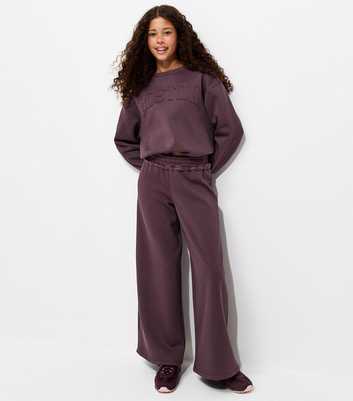 Girls Dark Purple Raw Edge Waist Wide Leg Joggers