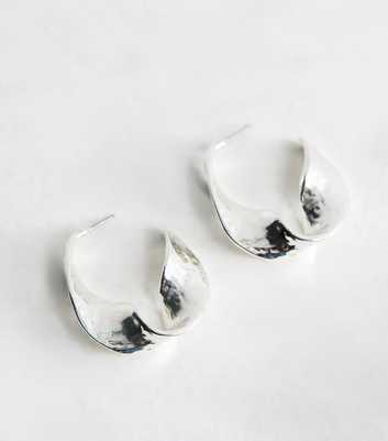 Silver Tone Large Chunky Hammered Wavy Hoop Earrings