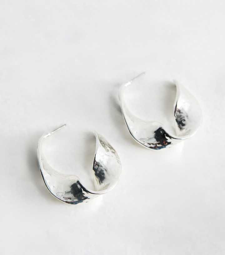 Silver Tone Large Chunky Hammered Wavy Hoop Earrings