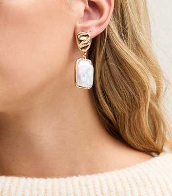 Gold Tone Faux Pearl Square Drop Earrings