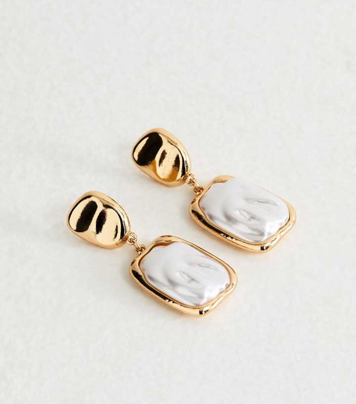 Gold Tone Faux Pearl Square Drop Earrings