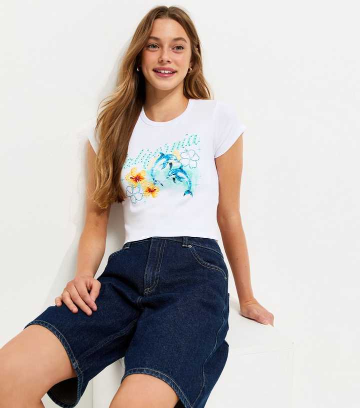 Girls White Cotton Dolphin Print Baby Tee T-Shirt