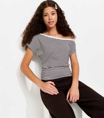 Girls Blue Cotton Rich Striped Off Shoulder Cinched Waist Top