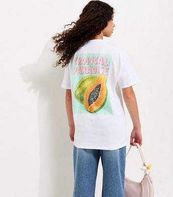 Girls White Cotton Longline Papaya Print T-Shirt