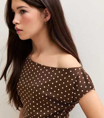 Girls Brown Polka Dot Cotton Rich Slashed Neck T-Shirt