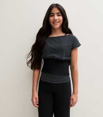 Girls Black Cotton Rich Polka Dot Cinched Waist Slash Neck Top