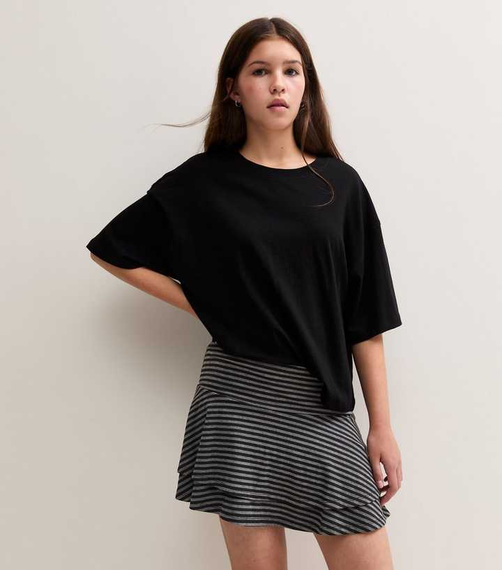 Girls Black And Grey Striped Rara Skirt