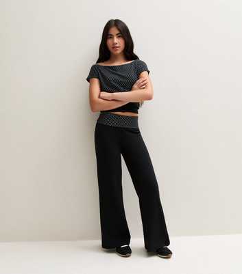 Girls Black Cotton Rich Spot Print Foldover Waistband Flared Trousers