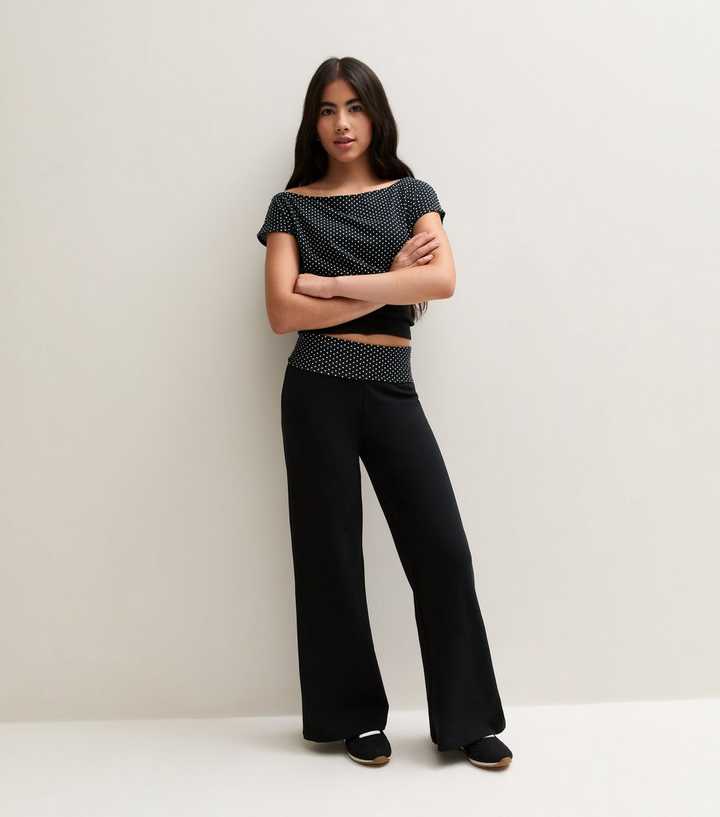 Girls Black Cotton Rich Spot Print Foldover Waistband Flared Trousers