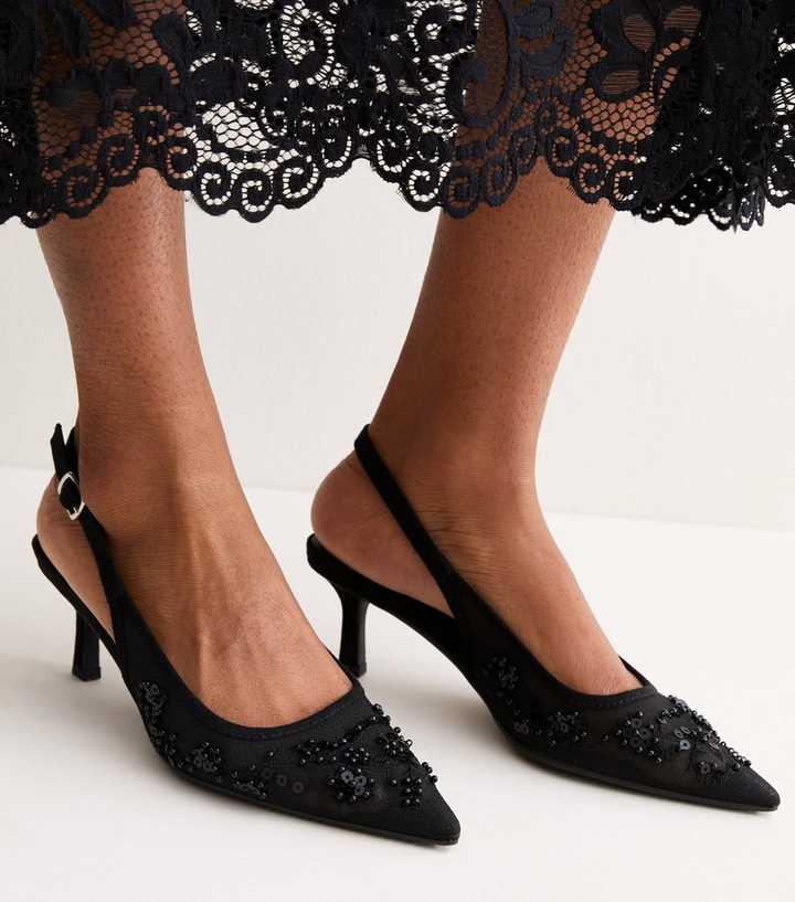 Black Bead and Sequin Embroidered Slingback Pumps