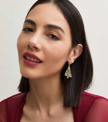 Multicolour Christmas Tree Diamante Embellished Drop Earrings