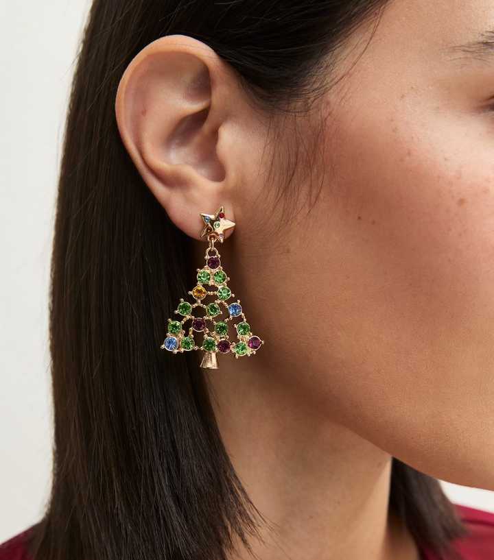 Multicolour Christmas Tree Diamante Embellished Drop Earrings