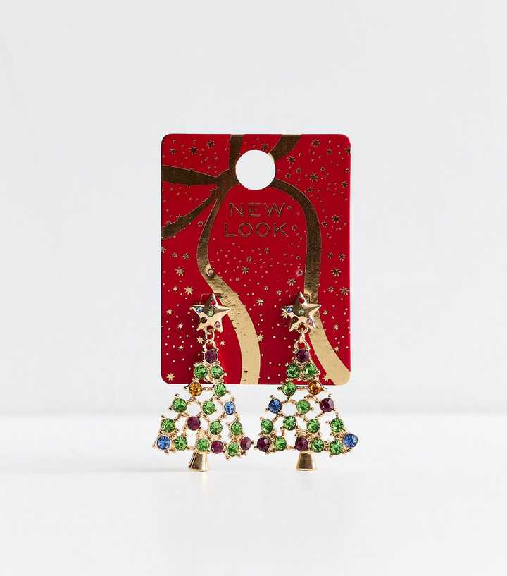 Multicolour Christmas Tree Diamante Embellished Drop Earrings