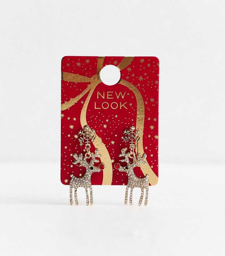 Gold Tone Christmas Reindeer Diamante Earrings